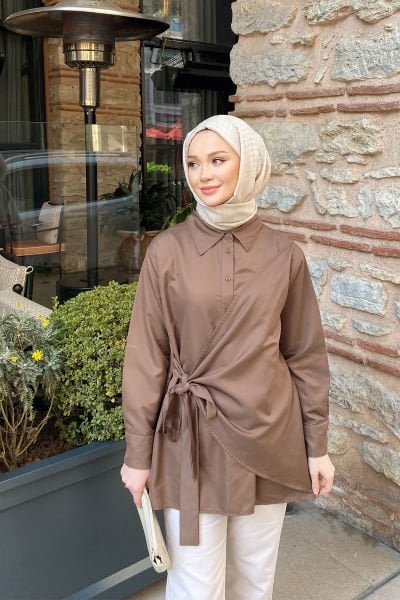 YANDAN BAGLAMALI TUNIK 9-51409 - KAHVERENGİ