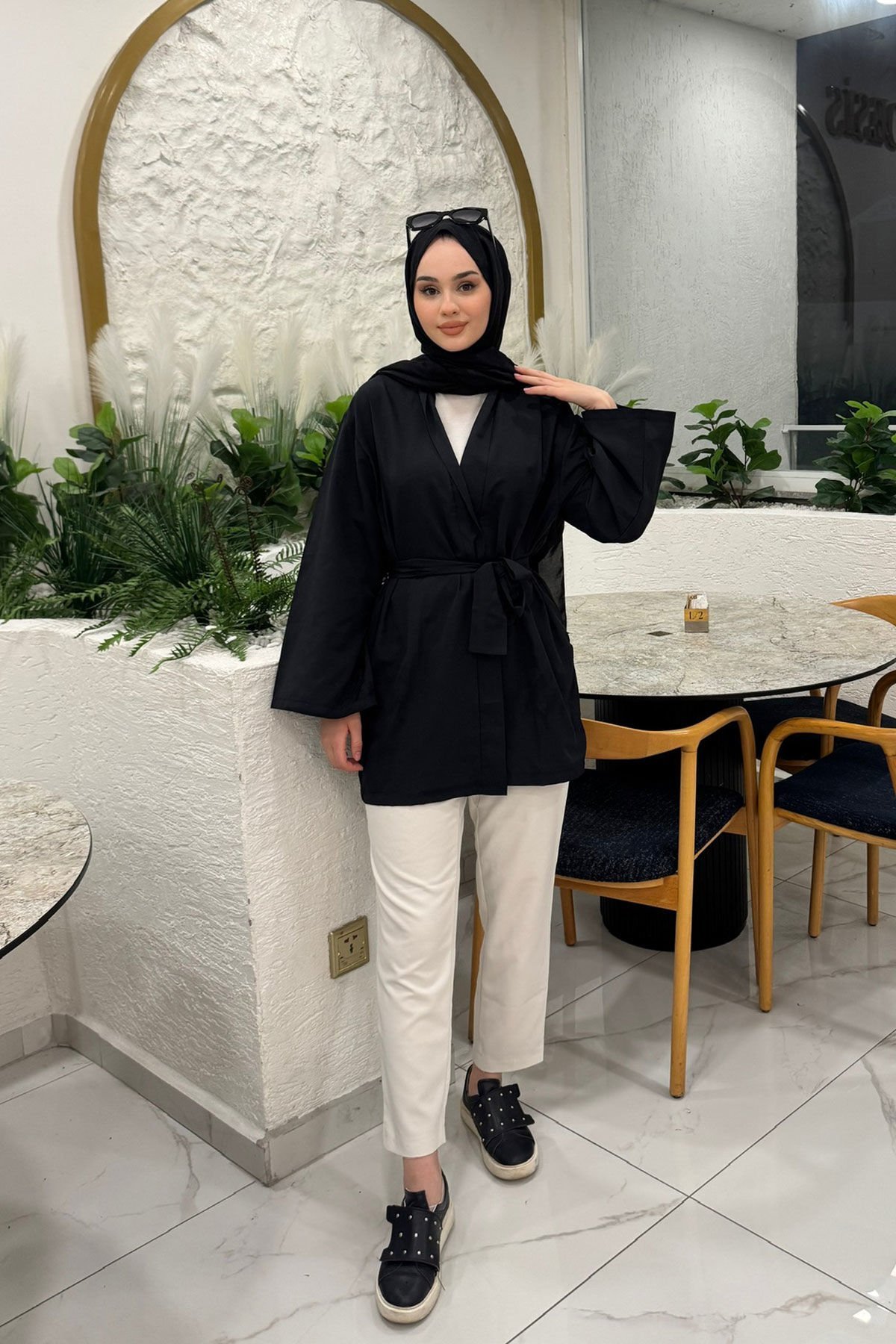 KEMERLİ KİMONO 9-15313 - SİYAH